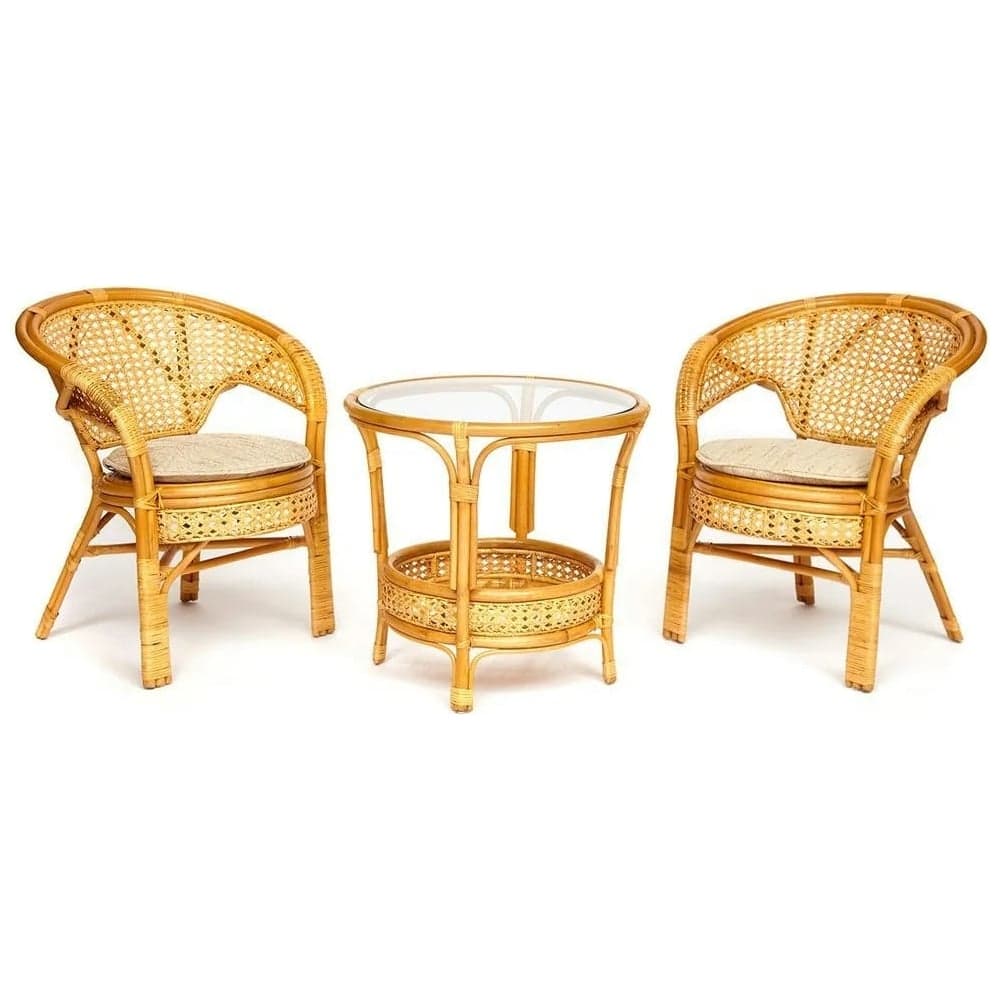 Террасный комплект Tetchair PELANGI стол со стеклом, 2 кресла, без подушек, ротанг 13345