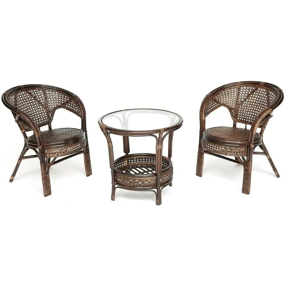 Террасный комплект Tetchair PELANGI стол со стеклом, 2 кресла, без подушек, ротанг 13344