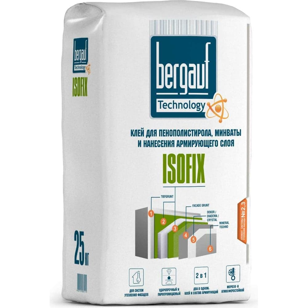 Клей для пенополистирола, минваты и нанесения армирующего слоя Bergauf Isofix 25 кг 10647