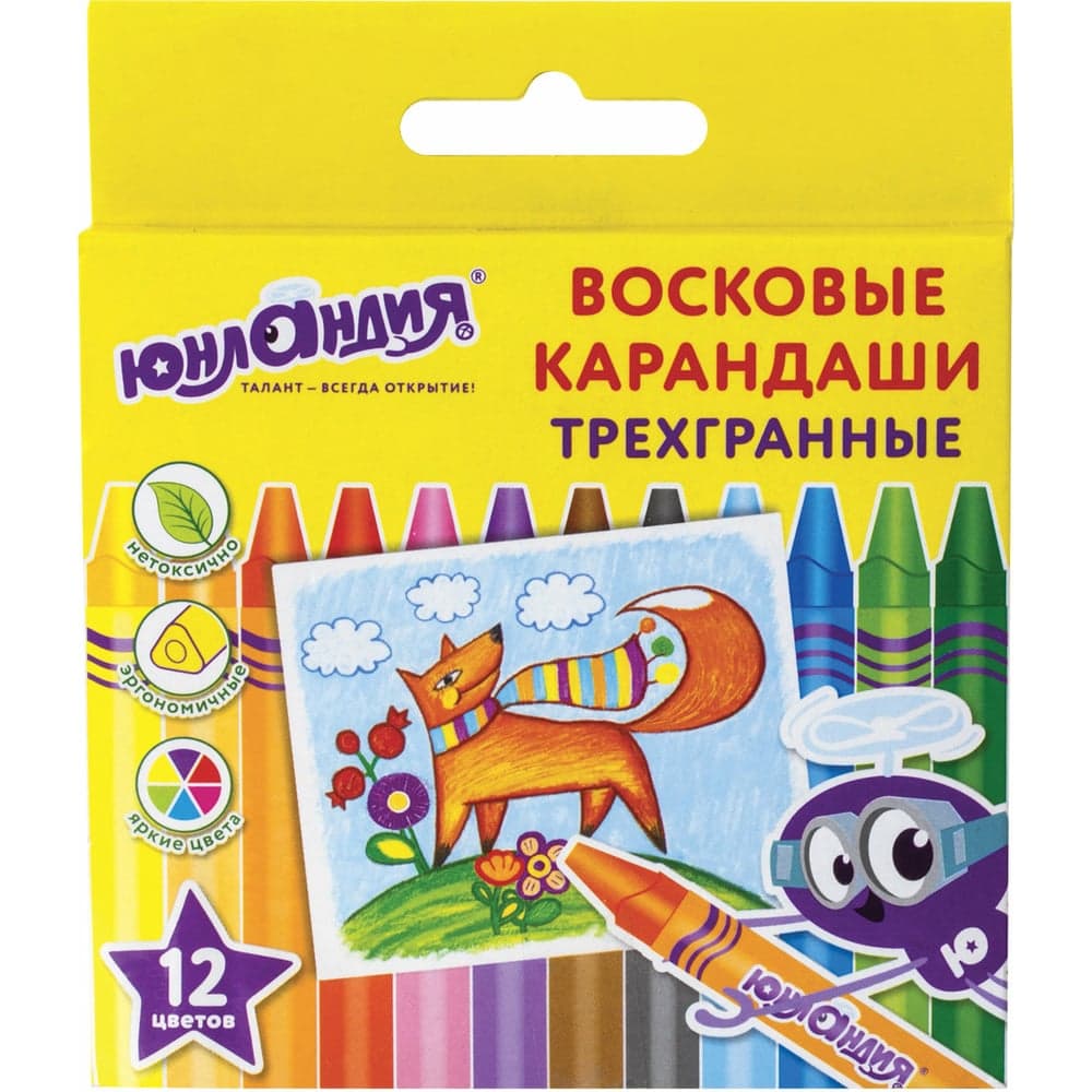 Восковые карандаши ЮНЛАНДИЯ ЮНЛАНДИК И МУДРЫЙ ЛИС трехгранные набор 12 цветов 227289