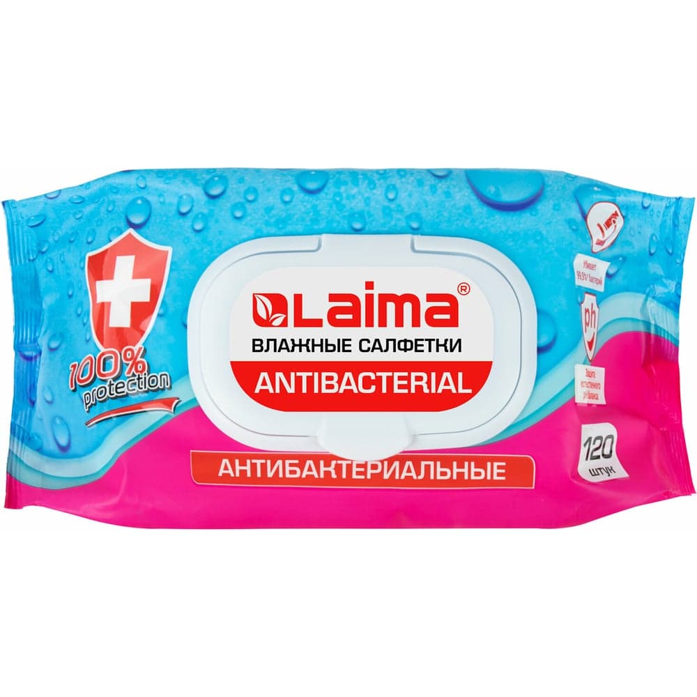 Влажные салфетки LAIMA Antibacterial, антибактериальные 120 шт., крышка-клапан 112497