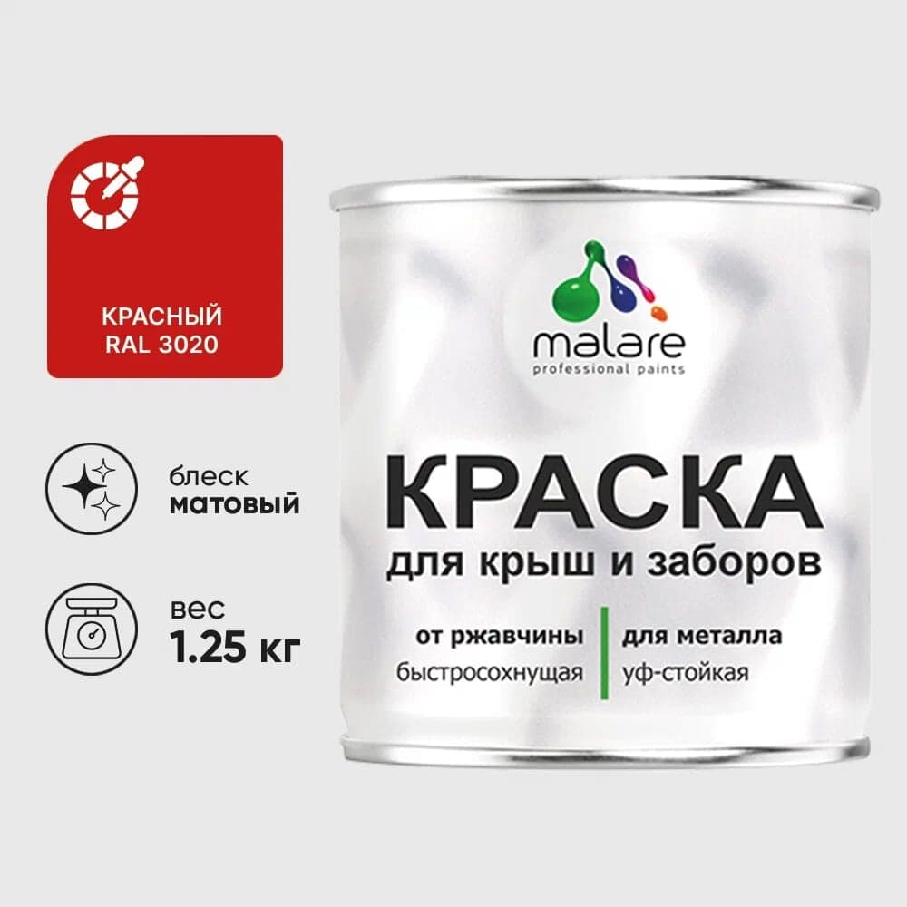 Краска по металлу MALARE для крыш и заборов, по ржавчине, быстросохнущая, износостойкая, матовая, красный, 1,25 кг КМЗ3020М0125