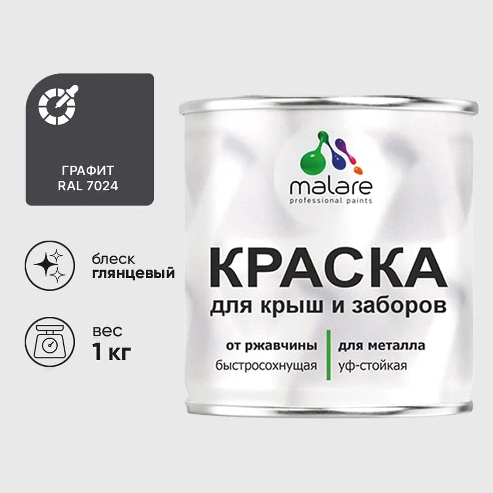 Краска по металлу MALARE для крыш и заборов, по ржавчине, быстросохнущая, износостойкая, глянцевая, графитово-серый (темный), 1 кг КМЗ7024Г0100