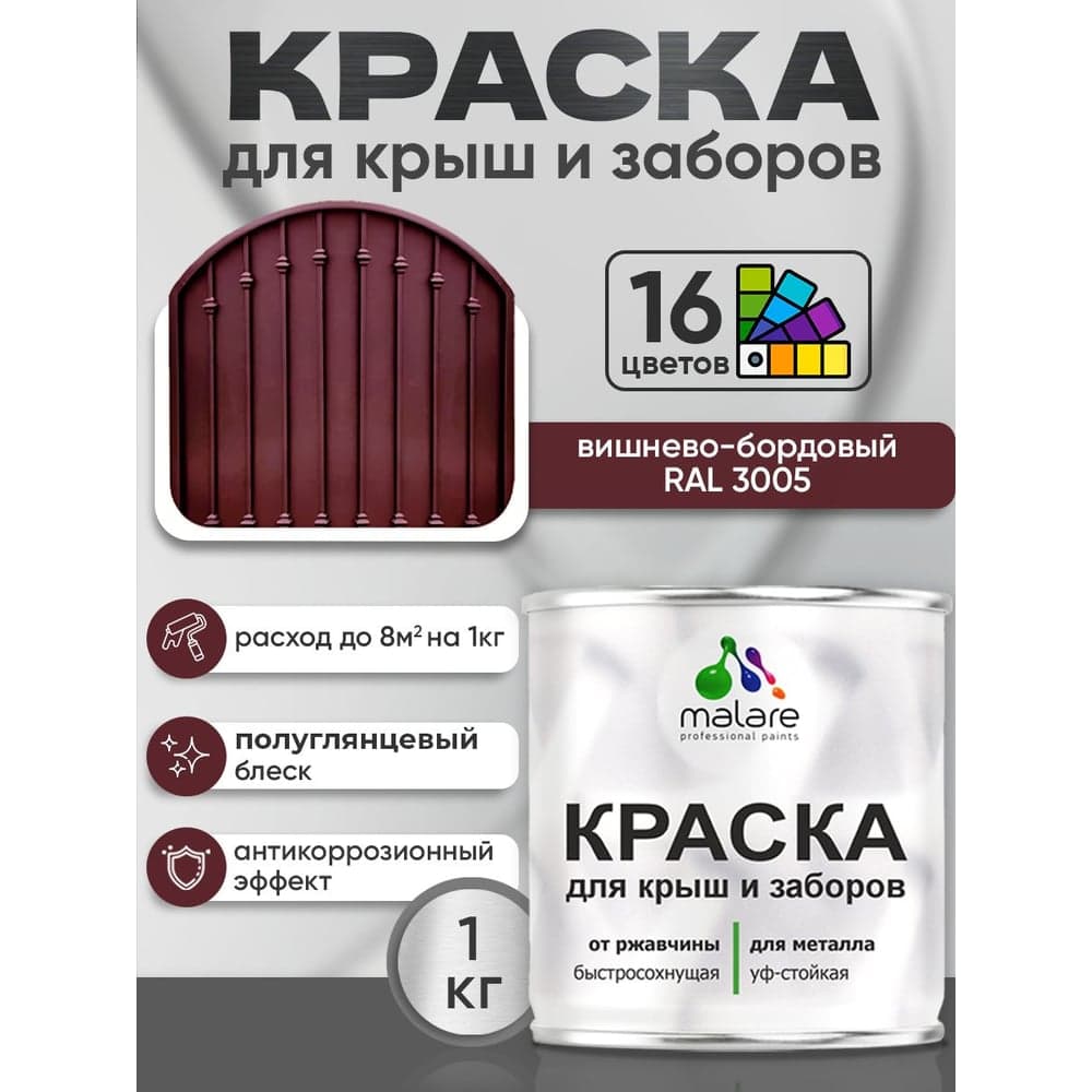 Краска по металлу MALARE для крыш и заборов, по ржавчине, быстросохнущая, износостойкая, глянцевая, вишнево-бордовый, 1 кг КМЗ3005Г0100