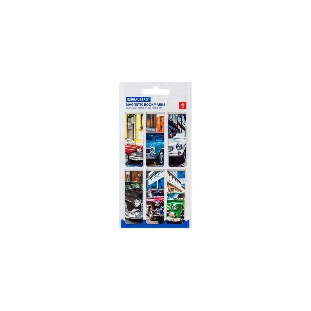 Магнитные закладки для книг BRAUBERG Retro Cars набор 6 шт., 60x20 мм 113158