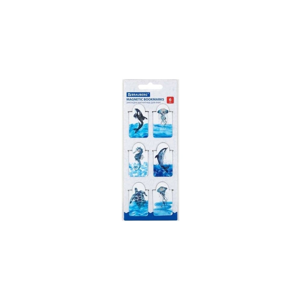 Магнитные закладки для книг BRAUBERG Marine Life c высечкой, набор 6 шт, 35x25 мм 113163