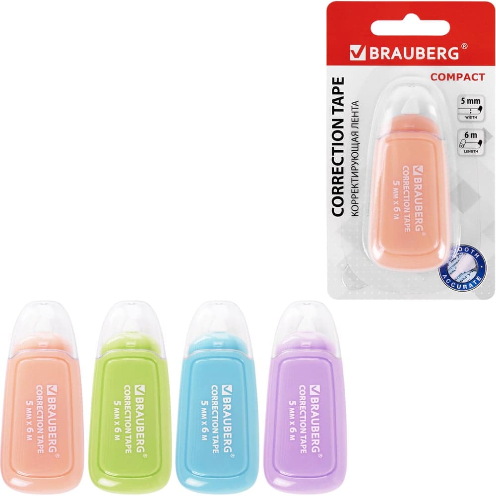 Корректирующая лента BRAUBERG Compact Plus Pastel 5 мм х 6 м, корпус ассорти, блистер 270551
