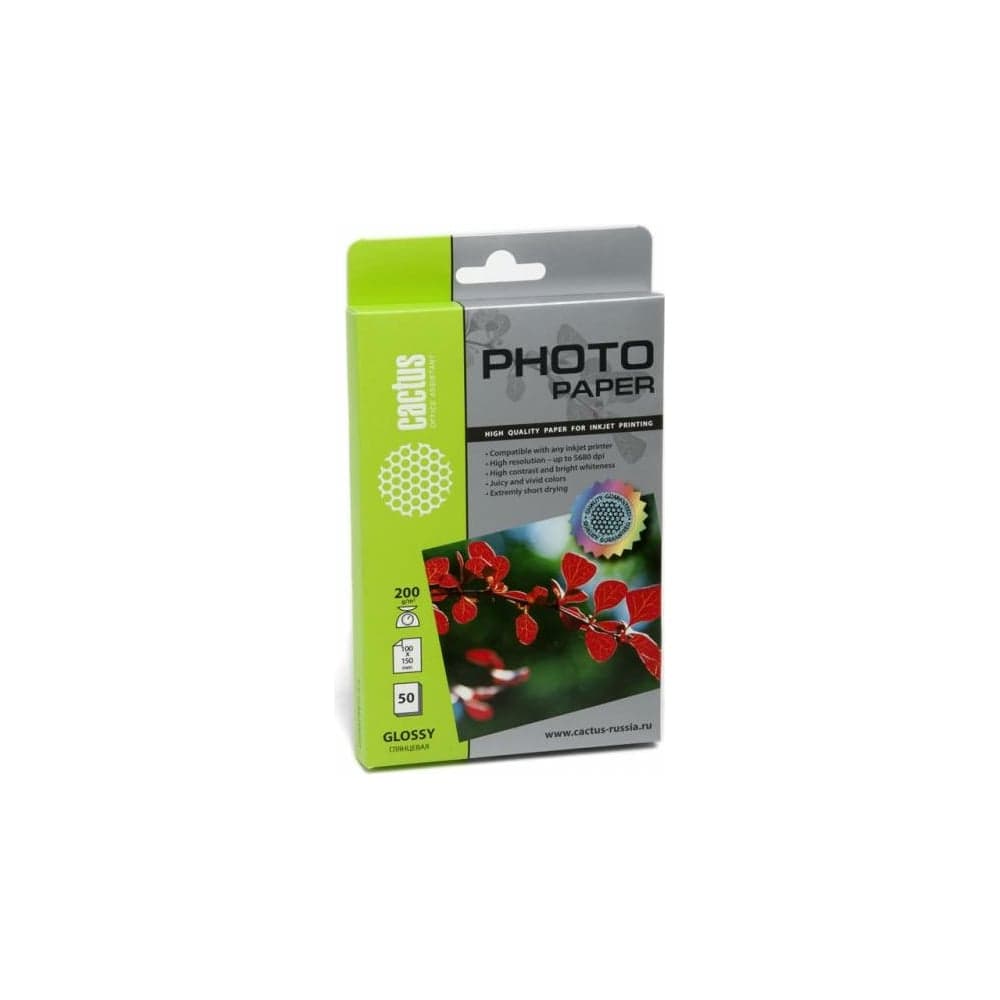 Фотобумага для струйной печати Cactus 10x15, 200г/м2, 50 листов, белая, глянцевая CS-GA620050 805828