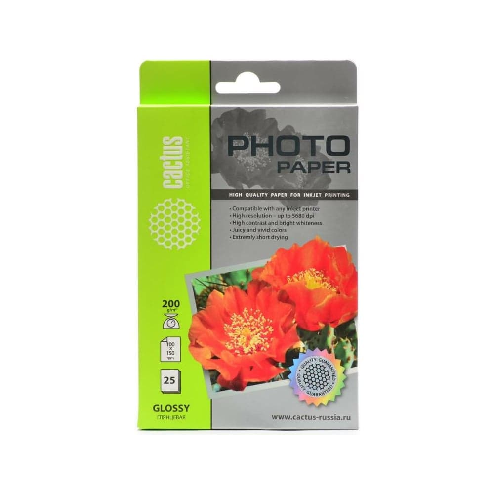 Фотобумага для струйной печати Cactus 10x15, 200г/м2, 25 листов, белая, глянцевая CS-GA620025 805827