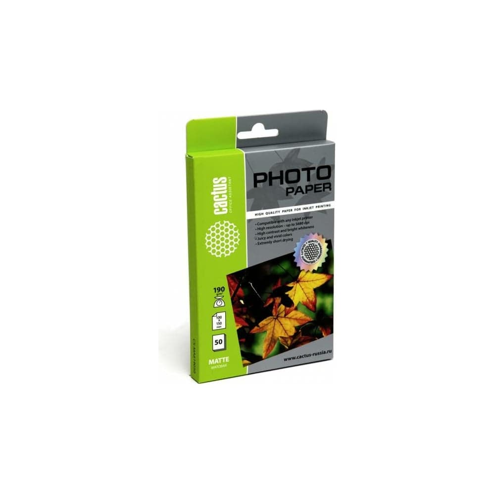 Фотобумага для струйной печати Cactus 10x15, 190г/м2, 50 листов, белая, матовая CS-MA619050 805859