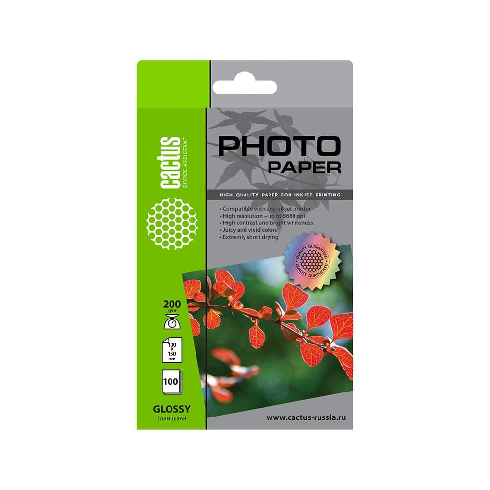 Фотобумага для струйной печати Cactus 10x15, 200г/м2, 100 листов, белая, глянцевая CS-GA6200100 805826