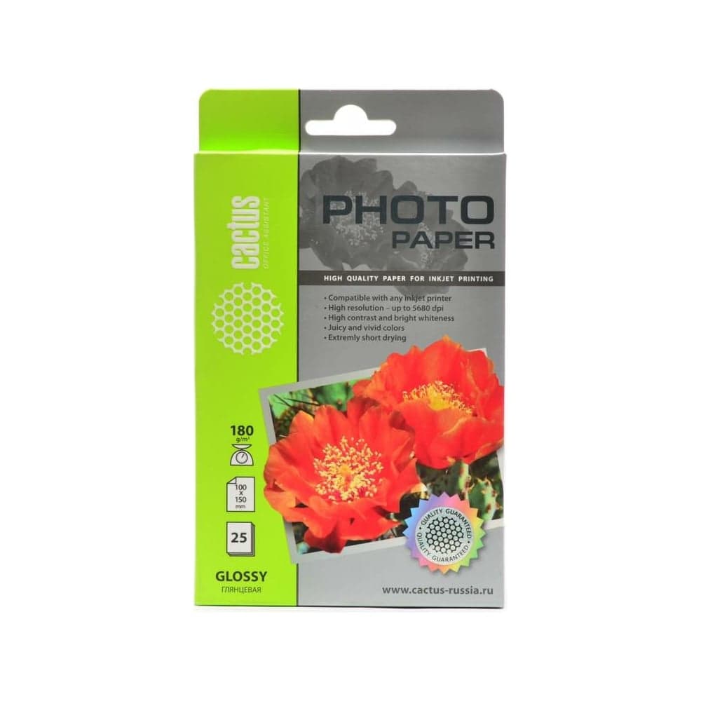 Фотобумага для струйной печати Cactus 10x15, 180г/м2, 25 листов, белая, глянцевая CS-GA618025 805824