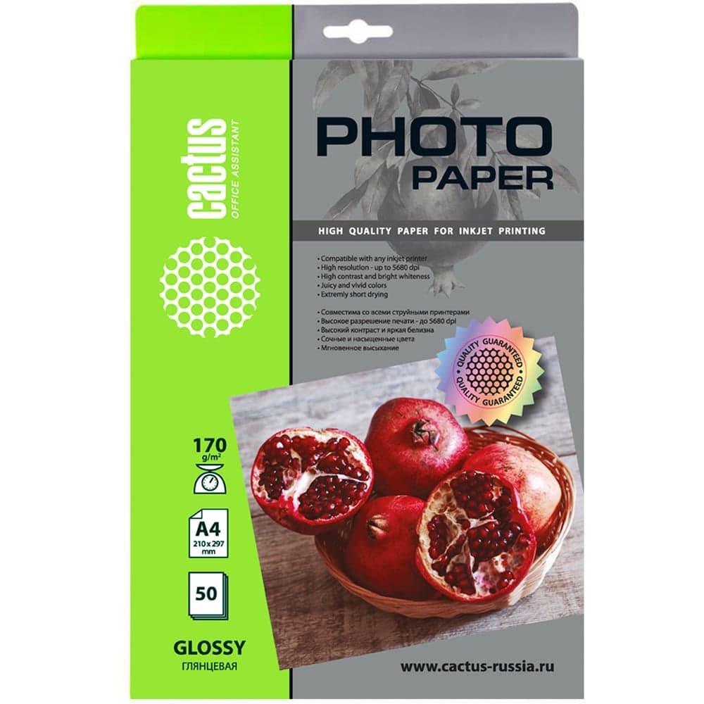 Фотобумага для струйной печати Cactus А4, 170г/м2, 50 листов, белая, глянцевая CS-GA417050 1583361