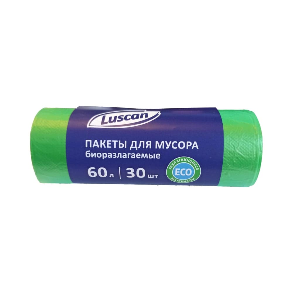 Мешки для мусора в рулоне (30 шт, 680х580 мм, 60 л, 12 мкм, ПНД, зеленые) Luscan 1541736