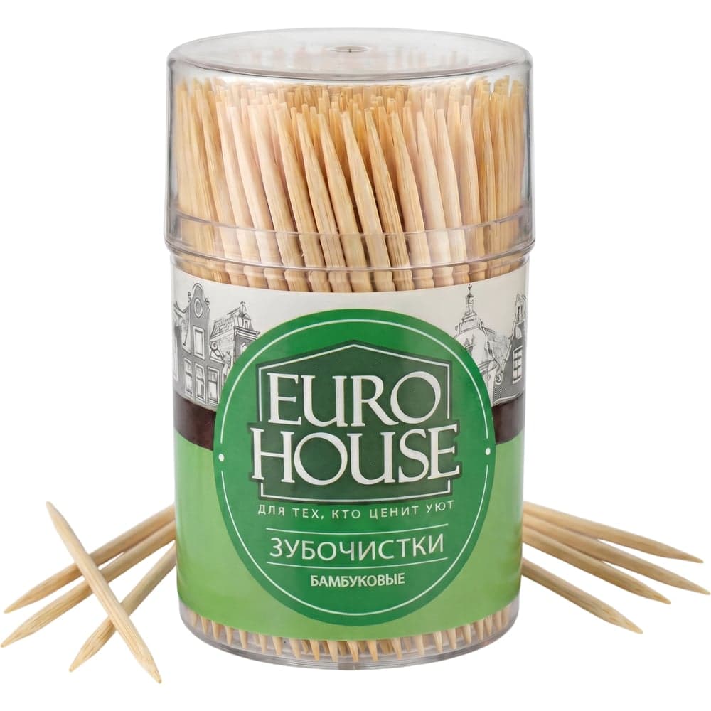 Бамбуковые зубочистки EUROHOUSE в пластиковой банке, 500 шт. 13030