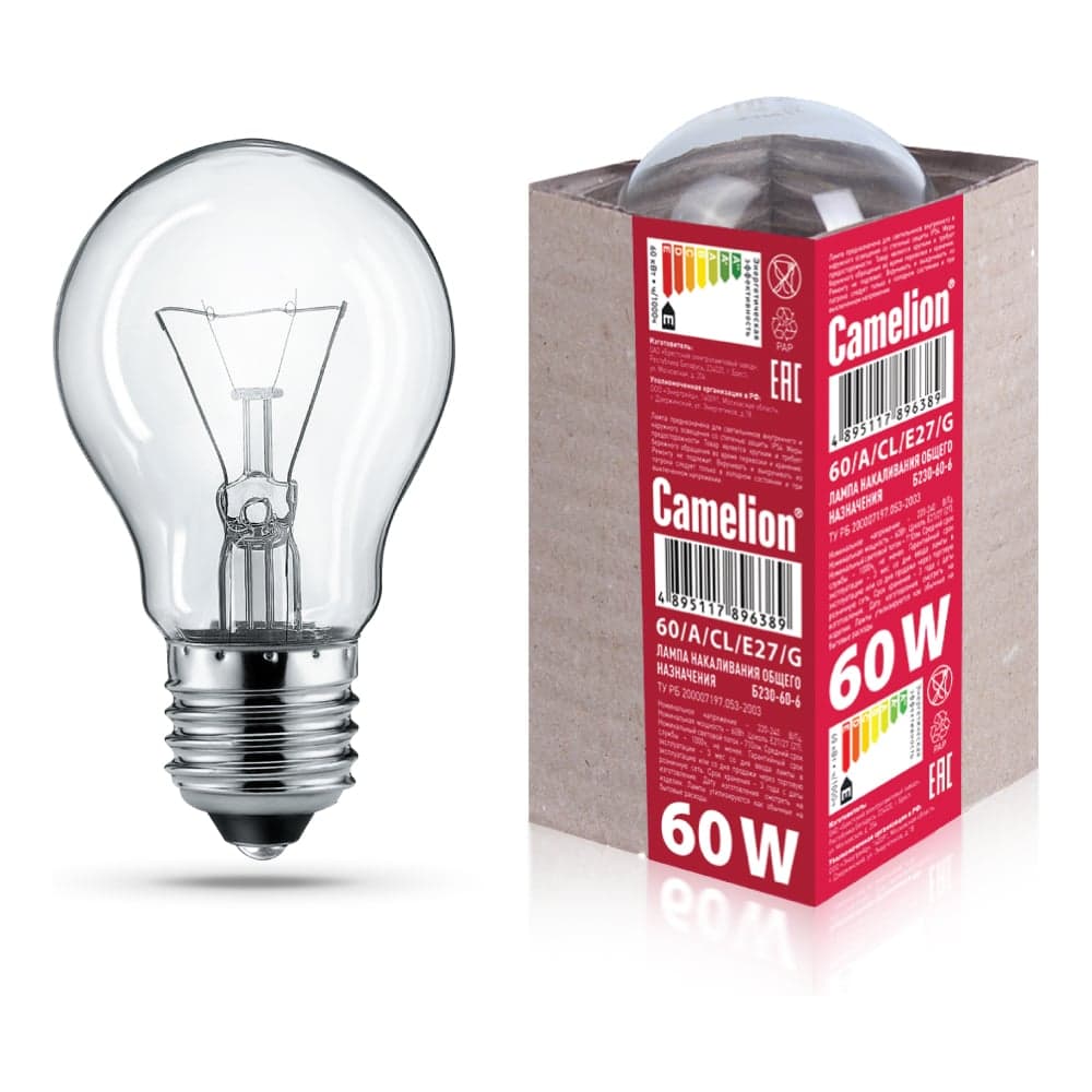 Лампа накаливания Camelion 60/A/CL/E27/G (с прозрачной колбой, ЛОН, ГОФРА, Б230-60-6) 15042
