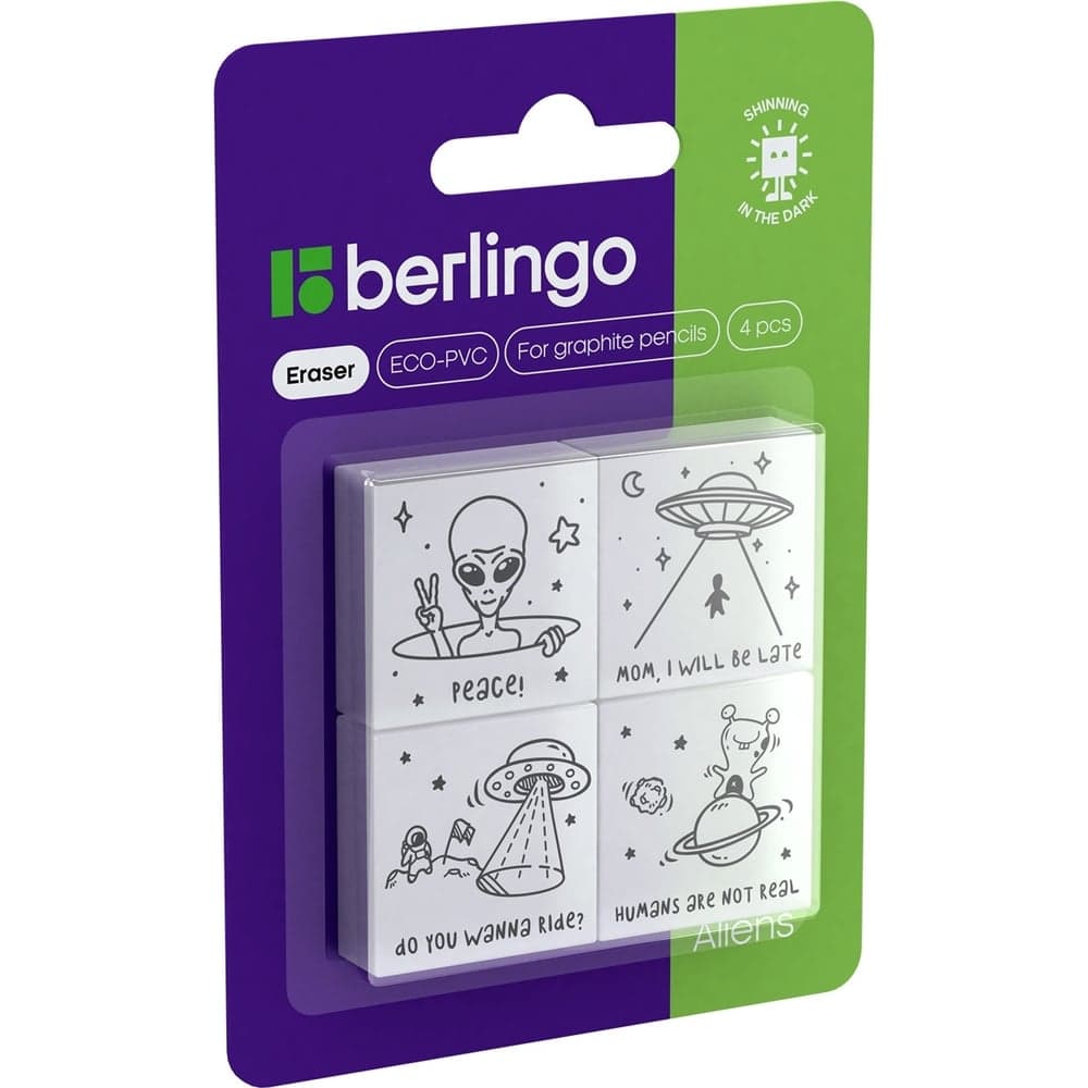 Ластик Berlingo aliens 4 шт, 28x28x12 мм, флуоресцентный, блистер BLc_00610_4