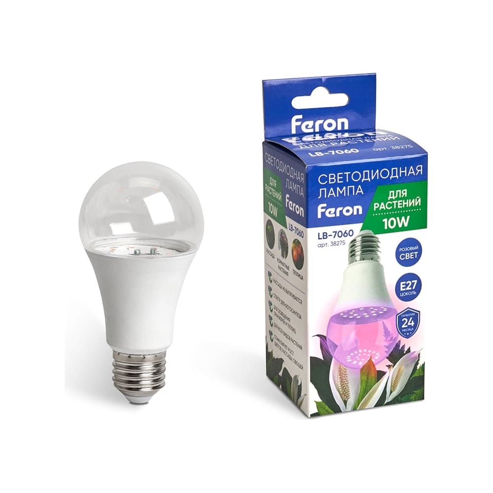 Светодиодная лампа для растений FERON А60 LB-7060 E27, 10W, красно-синий спектр 38275