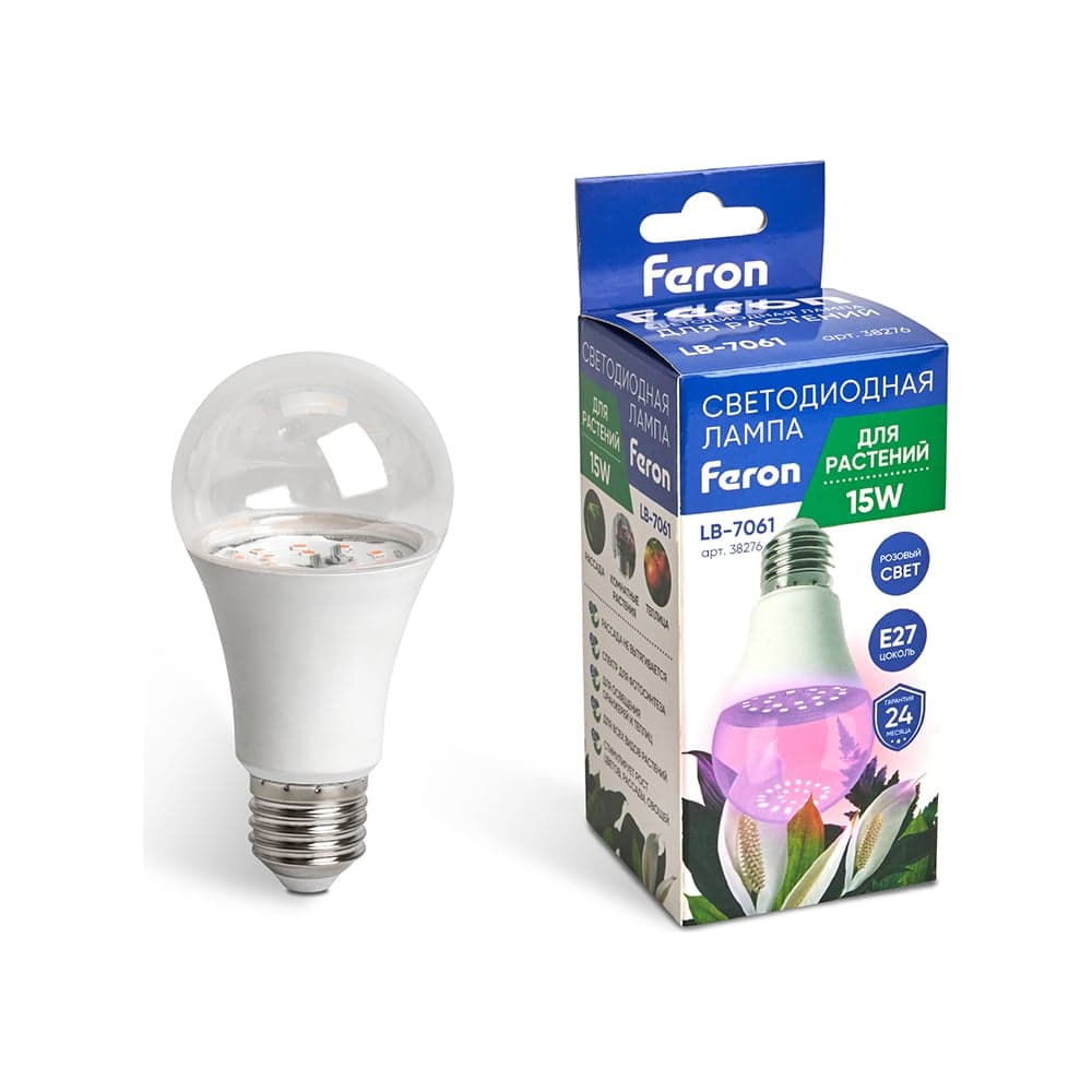 Cветодиодная лампа для растений FERON А60 LB-7060 E27, 15W, красно-синий спектр 38276