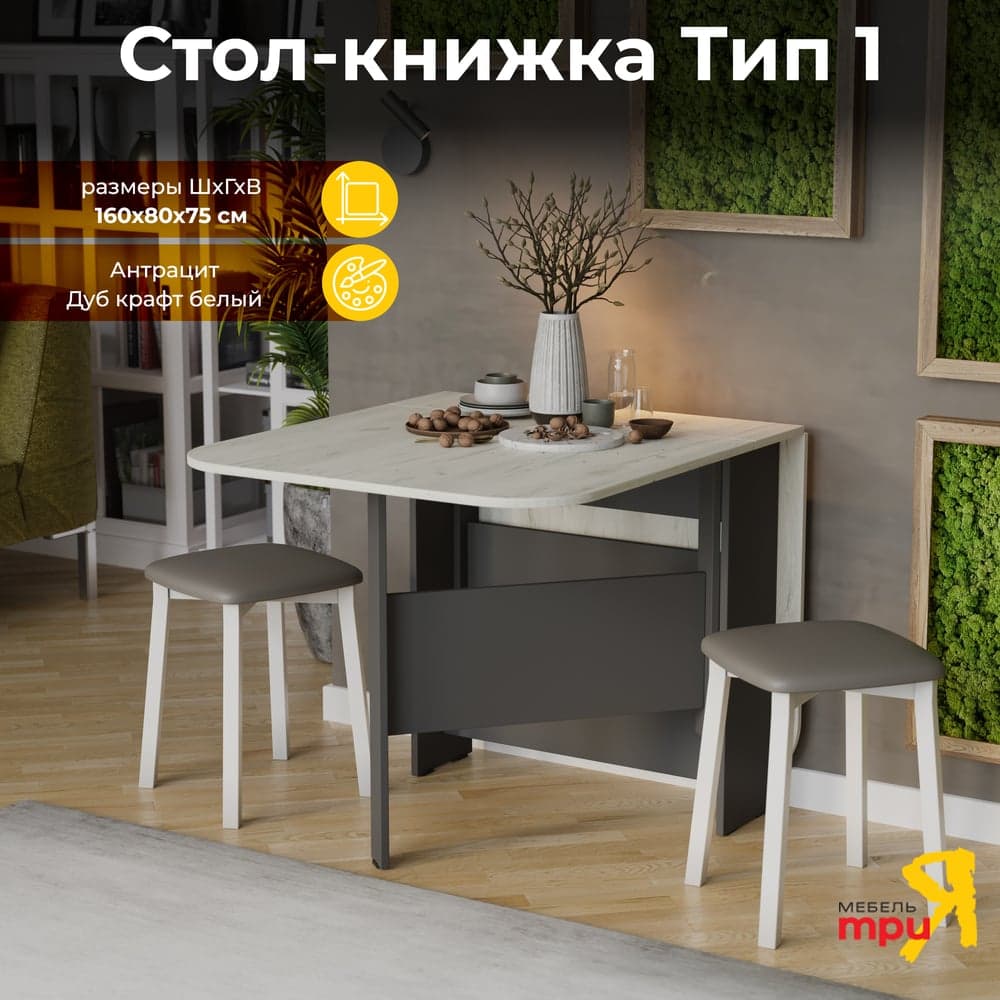 Стол-книжка ТриЯ Т1, антрацит, дуб крафт белый 215641