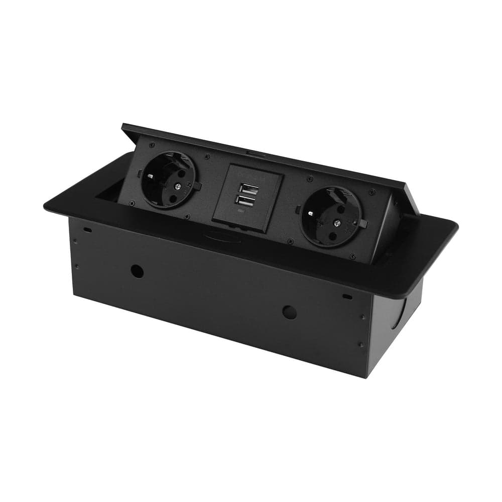 Розетка горизонтальная выдвижная ROCKETSOCKET 2 euro 16a, 2 usb a с блоком 5в/2.1а, проводка, цвет черный SHS018-B