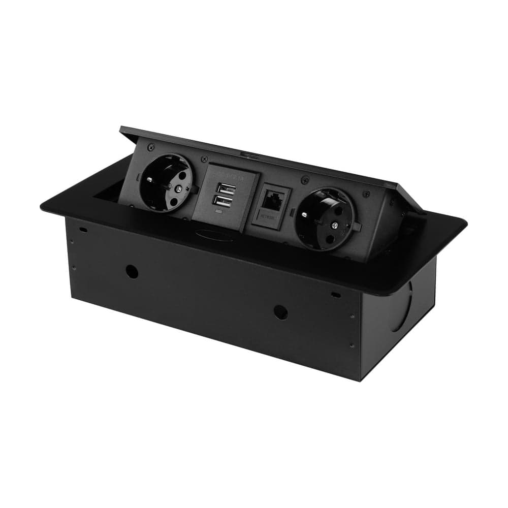 Розетка горизонтальная выдвижная ROCKETSOCKET 2 euro 16a, 2 usb a с блоком 5в/2.1а, rj45, проводка, цвет черный SHS020-B