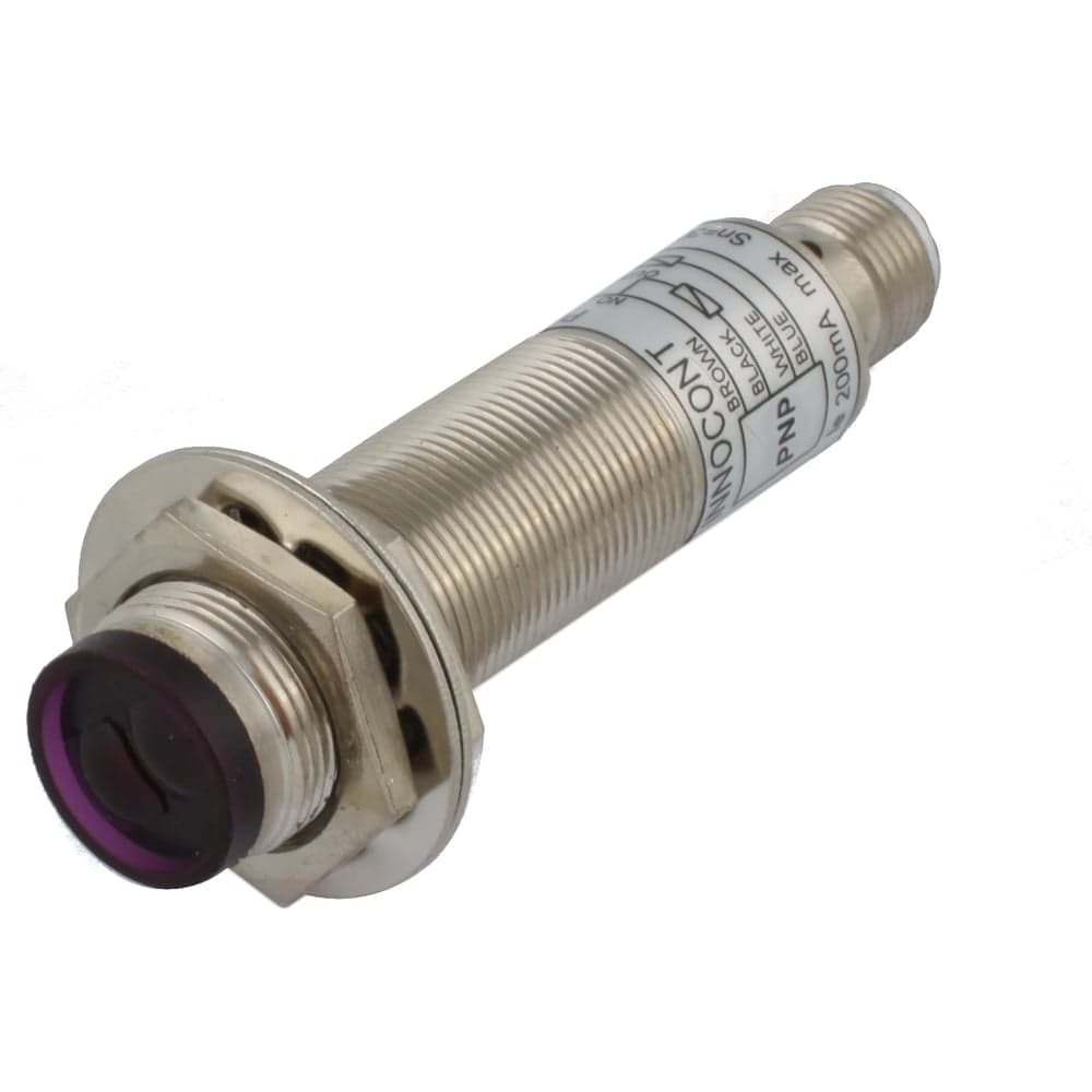 Диффузионный фотодатчик INNOCONT М18x1, зона срабатывания до 30 см, -10 +60 С, 12…24 VDC, IP67, выход: PNP NO + NC, макс. ток 200 мА, время реакции 3 мс, разъем М12 PESL-D18-POC30D (connector)