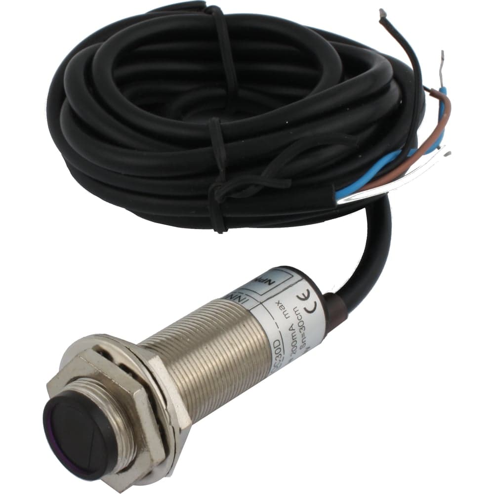 Диффузионный фотодатчик INNOCONT М18x1, зона срабатывания до 30 см, -10 +60 С, 12…24 VDC, IP67, выход: NPN NO + NC, макс. ток 200 мА, время реакции 3 мс, кабель 2 м PES-D18-NOC30D (cable)