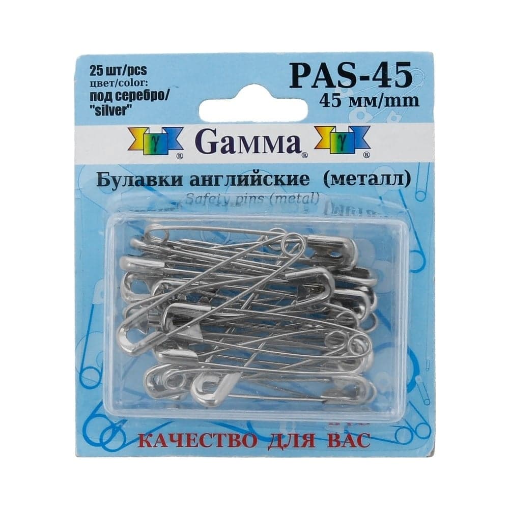 Английские булавки Gamma PAS-45 под серебро, сталь, в блистере, 25 шт, 45 мм 384799