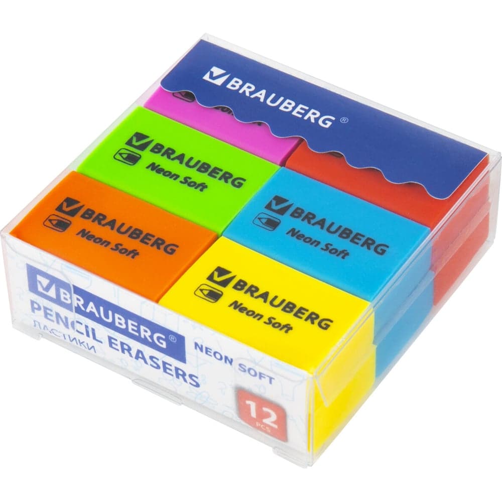 Ластики BRAUBERG Neon Soft набор 12 шт., ластик 31x20x10 мм, экологичный ПВХ 271339
