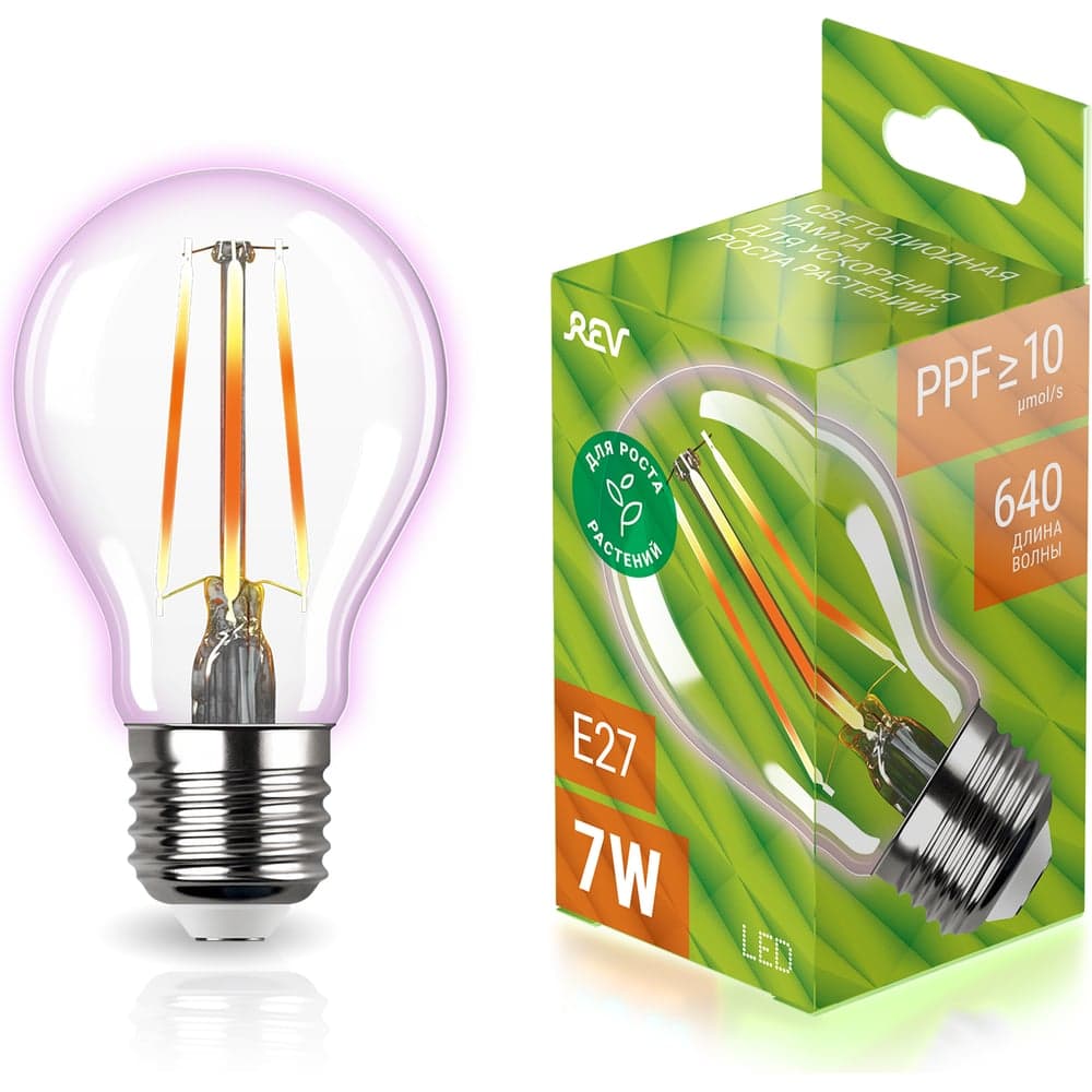 Светодиодная лампа для растений REV А60 E27 7W FILAMENT, 575-650Нм, PPF10 32416 4