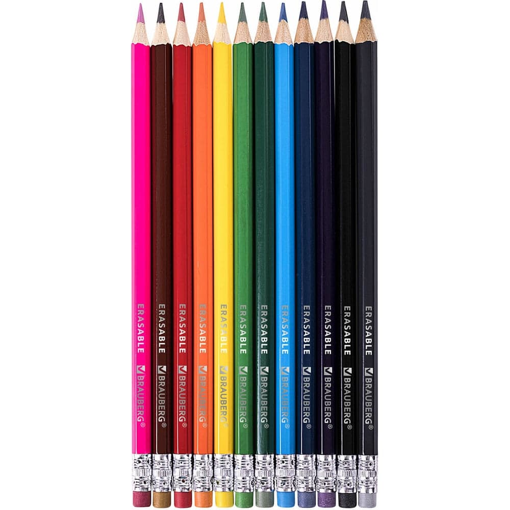 Цветные карандаши BRAUBERG Erasable стираемые, с ластиком, 12 цветов, мягкий грифель, 3 мм 181932