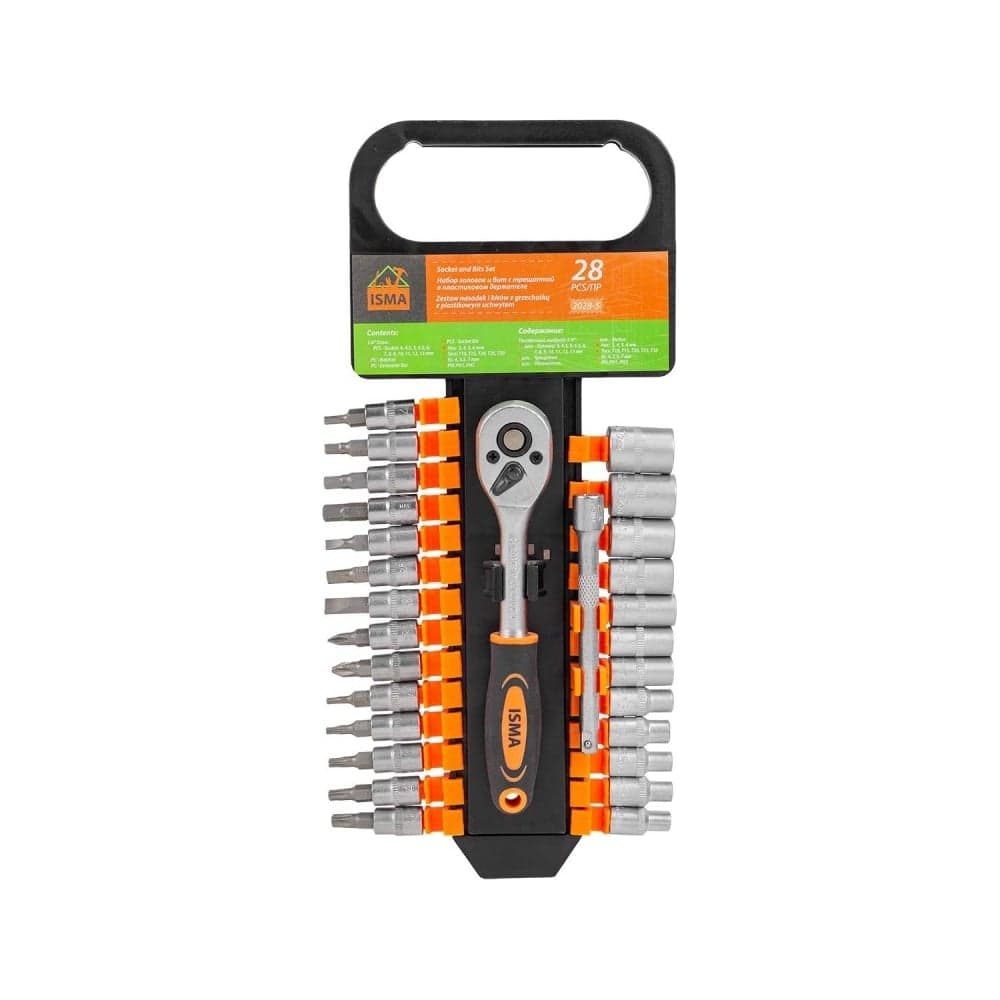 Набор головок и бит с трещоткой 28пр. 1/4''(4-13мм, torx:t10,15,20,25,30, hex:3-6мм,sl:4,5.5,7мм, ph1,2), в пластиковом держателе ISMA-2028-5(51099)