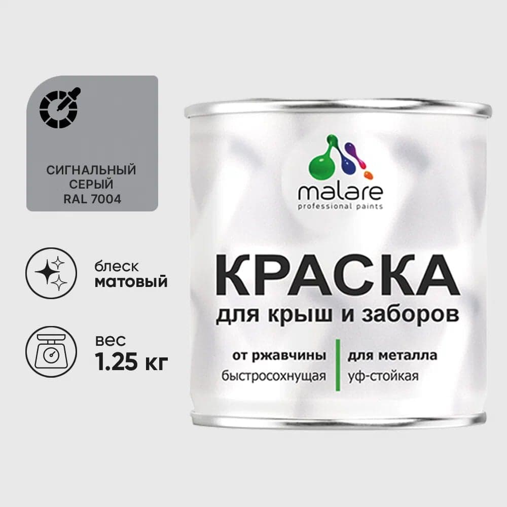Краска по металлу MALARE для крыш и заборов, по ржавчине, быстросохнущая, износостойкая, матовая, сигнальный серый, 1,25 кг КМЗ7004М0125