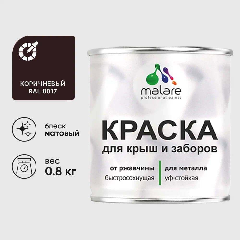 Краска по металлу MALARE для крыш и заборов, по ржавчине, быстросохнущая, износостойкая, матовая, коричневый, 0,8 кг КМЗ8017М0080