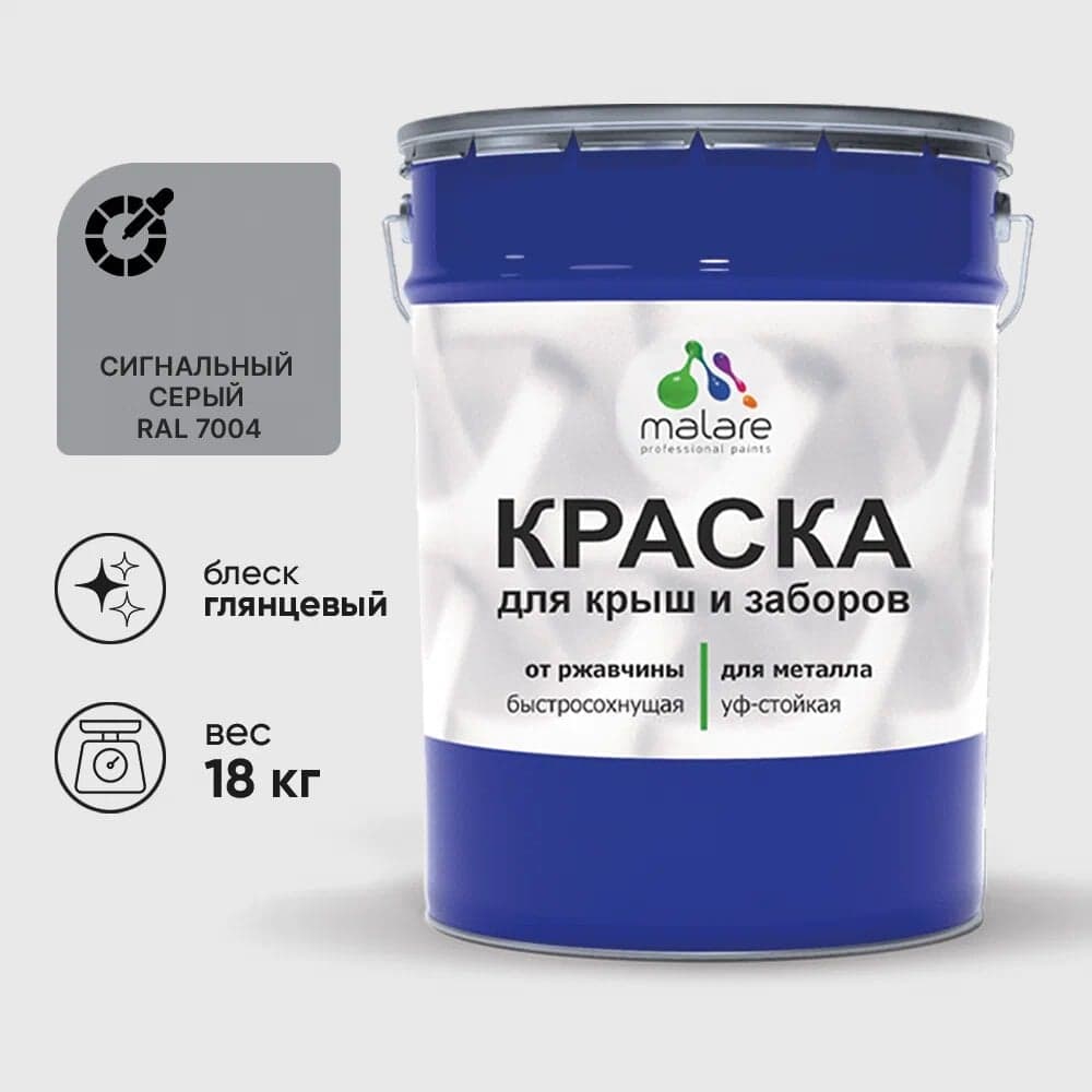 Краска по металлу MALARE для крыш и заборов, по ржавчине, быстросохнущая, износостойкая, глянцевая, сигнальный серый, 18 кг КМЗ7004Г1800