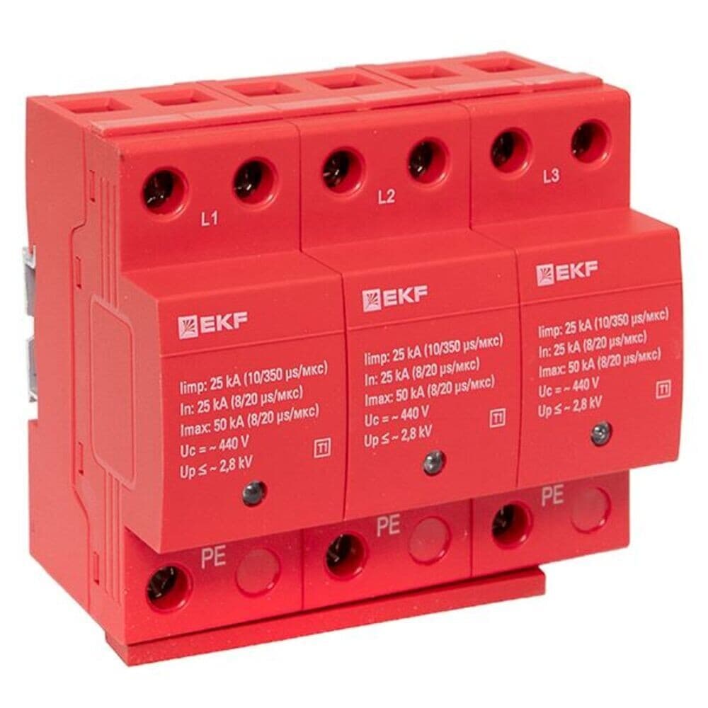 Ограничитель напряжения модульный EKF T1 275 В 25 кА 3P (spd-t1-3p)