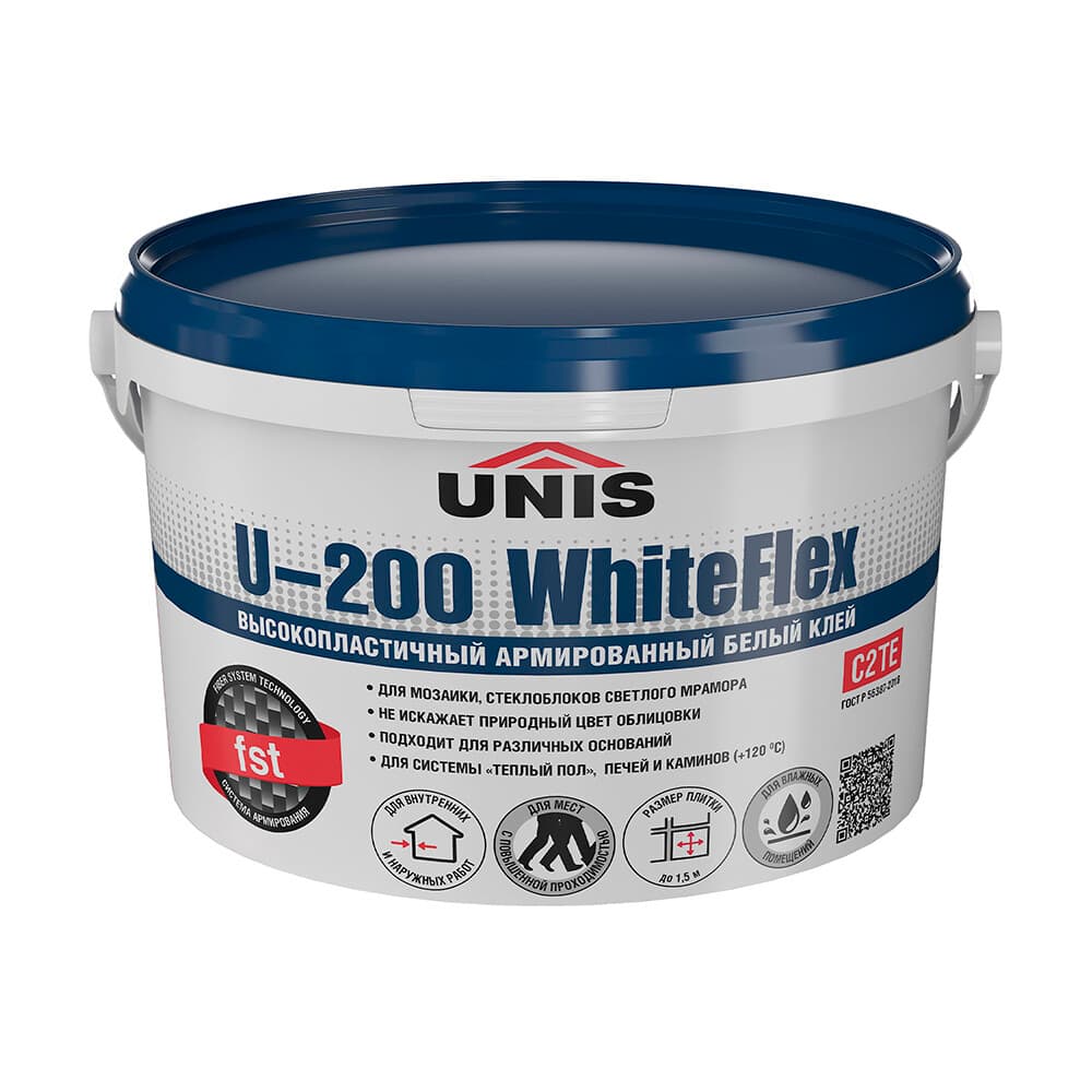 Клей для плитки/ керамогранита/ камня Unis WhiteFlex U-200 высокоэластичный армированный белый класс C2 TE 5 кг