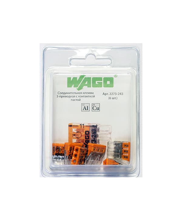 Клемма на 3 провода Wago 2273-243 0,5-2,5 кв. мм самозажимная с пастой (6 шт.)