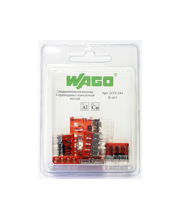 Клемма на 4 провода Wago 2273-244 0,5-2,5 кв. мм самозажимная с пастой (6 шт.)
