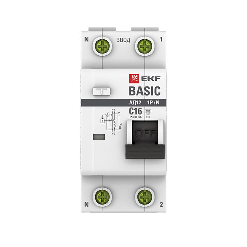 Автомат дифференциальный EKF Basic АД-12 16А 1P+N тип AC 30 мА 4,5 кА (DA12-16-30-bas)