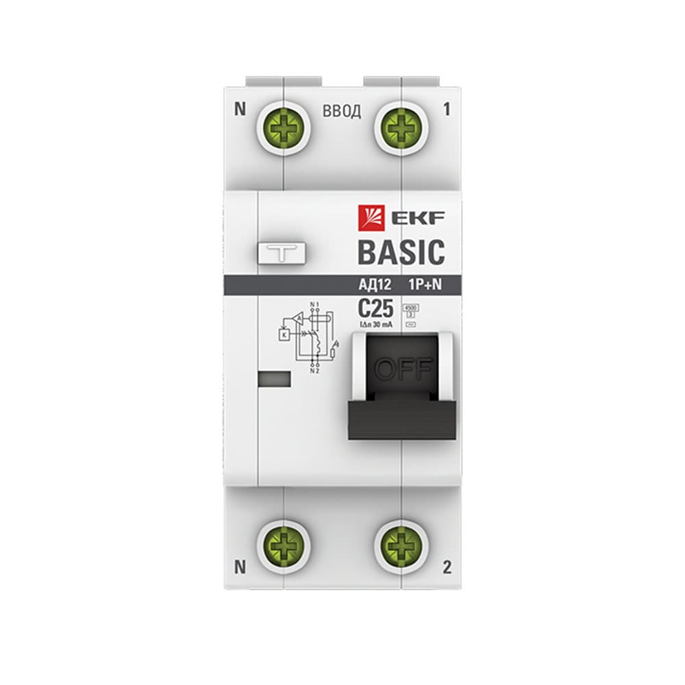 Автомат дифференциальный EKF Basic АД-12 25А 1P+N тип AC 30 мА 4,5 кА (DA12-25-30-bas)