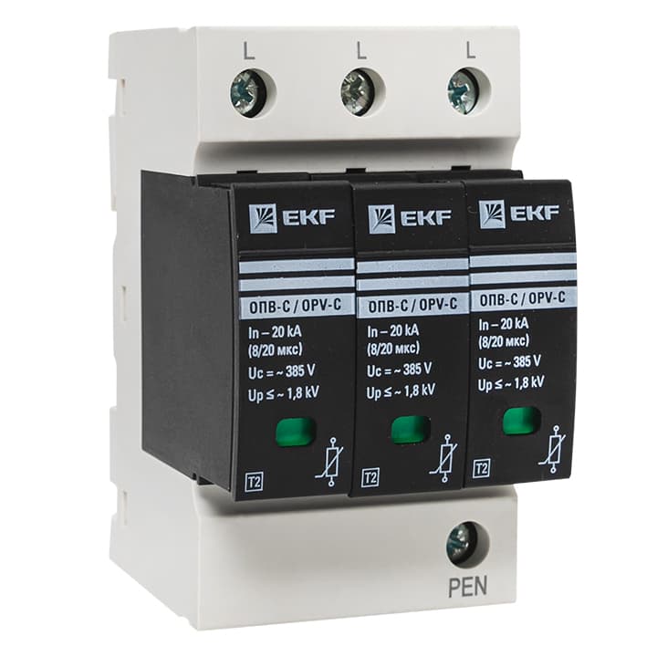 Ограничитель напряжения модульный EKF PROxima 400 В 20 кА 3P (opv-c3)