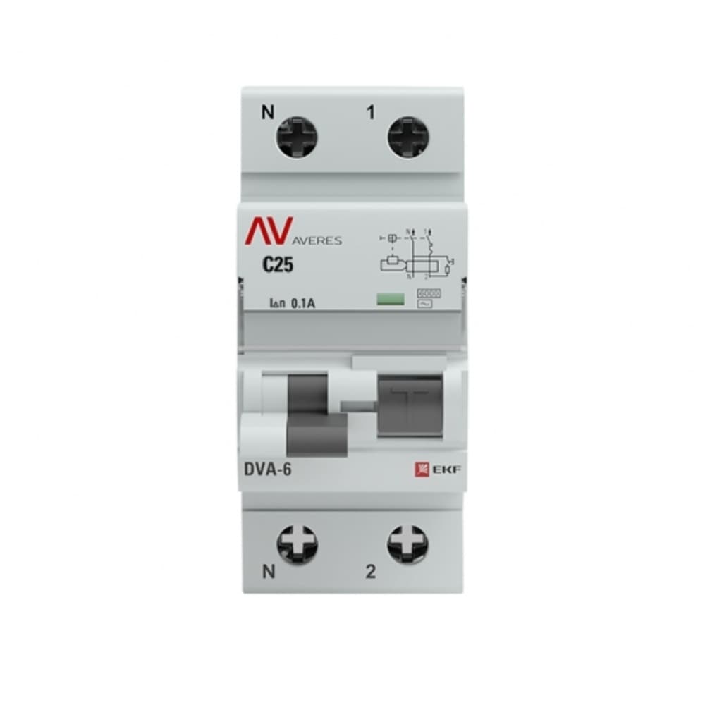 Автомат дифференциальный EKF Averes DVA-6 25А 1P+N тип AC 100 мА 6 кА (rcbo6-1pn-25C-100-ac-av)