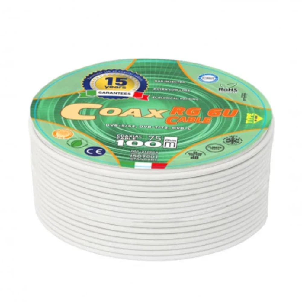 Кабель коаксиальный телевизионный RG 6U 1х6,8 мм экранированный Coax белый (20 м)