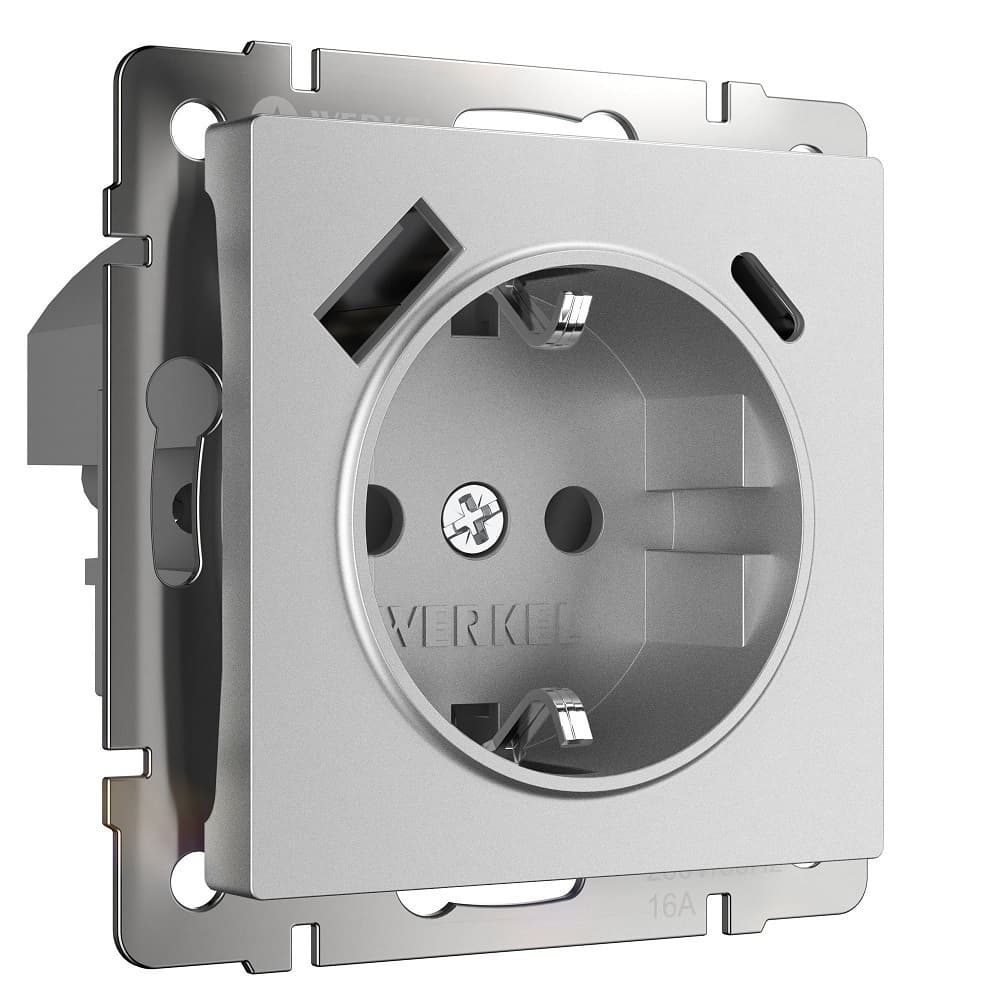Розетка Werkel встраиваемая серебряная матовая со шторками с USB-A/ Type-C (a063618)