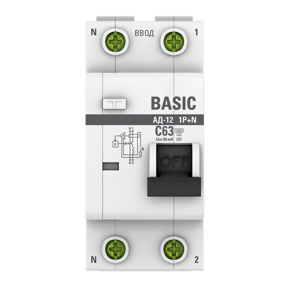 Автомат дифференциальный EKF Basic АД-12 63А 1P+N тип AC 30 мА 4,5 кА (DA12-63-30-bas)