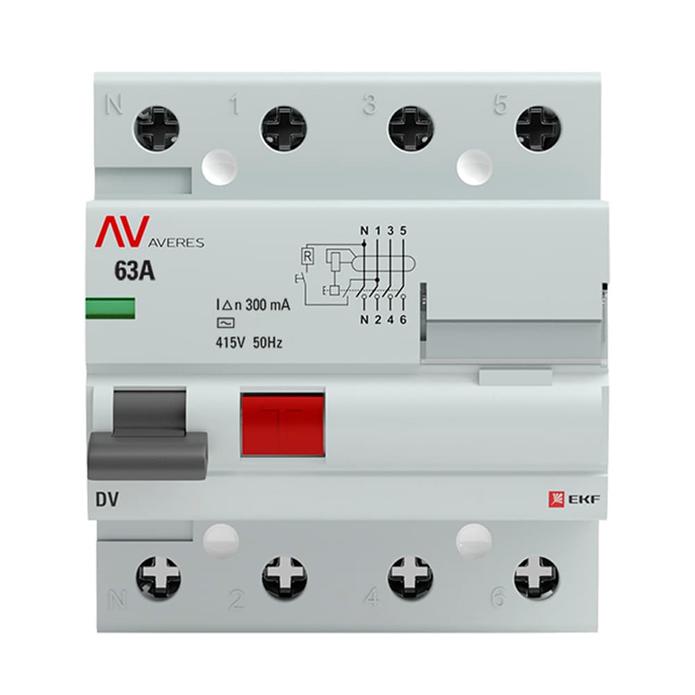 Устройство защитного отключения EKF DV, 4P, 63А/300мА, AC, AVERES rccb-4-63-300-ac-av - 2