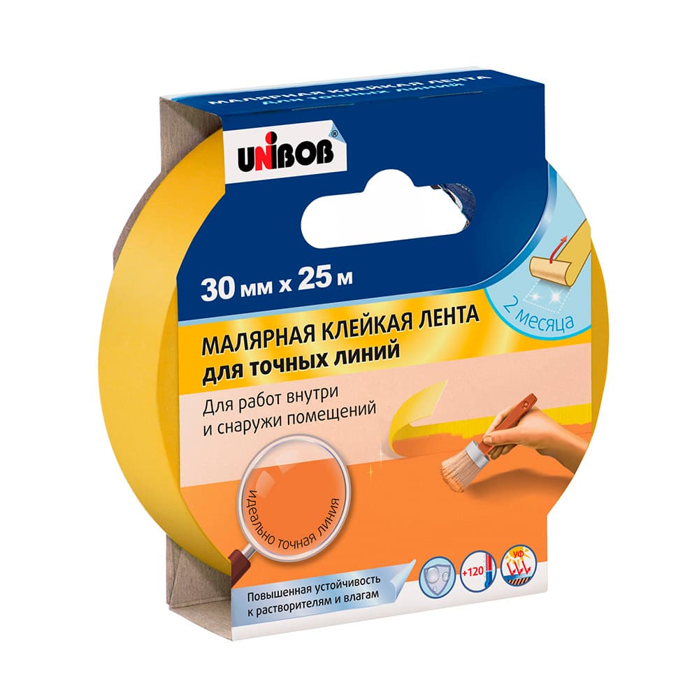Лента малярная Unibob для четкого края желтая 30 мм 25 м (91034)
