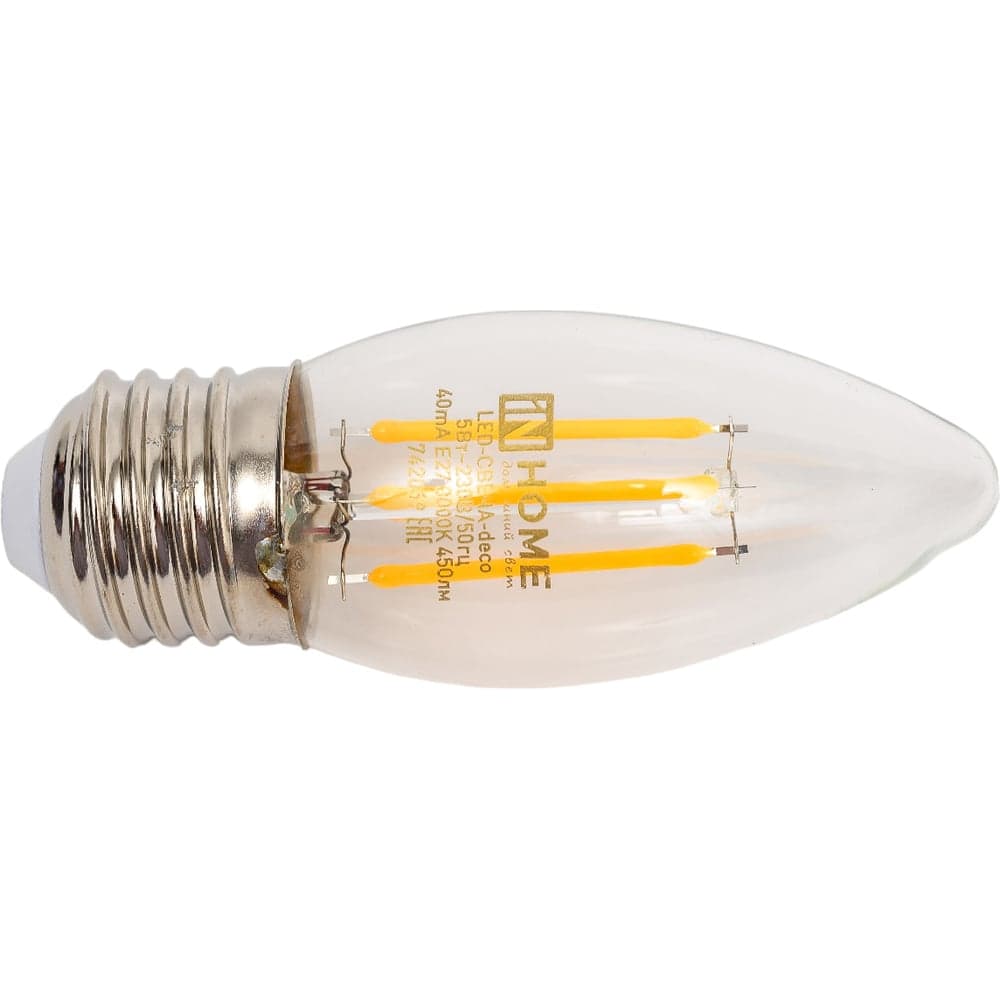 Светодиодная лампа IN HOME LED-СВЕЧА-deco 5Вт 230В Е27 3000К 450Лм прозрачная 4690612007588